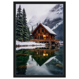 “Whispers of Winter Solitude – Lakeside Cabin in the Pines” | Wall Art Print - Framed Canvas - 50x75 cm / 20x30″ - Black frame