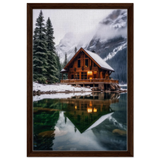 “Whispers of Winter Solitude – Lakeside Cabin in the Pines” | Wall Art Print - Framed Canvas - 40x60 cm / 16x24″ - Dark wood frame