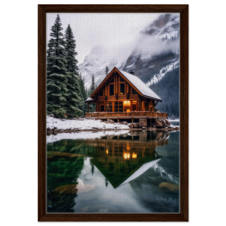 “Whispers of Winter Solitude – Lakeside Cabin in the Pines” | Wall Art Print - Framed Canvas - 40x60 cm / 16x24″ - Dark wood frame