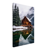 “Whispers of Winter Solitude – Lakeside Cabin in the Pines” | Wall Art Print - Canvas - 40x60 cm / 16x24″ - 