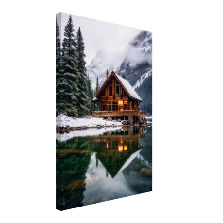 “Whispers of Winter Solitude – Lakeside Cabin in the Pines” | Wall Art Print - Canvas - 40x60 cm / 16x24″ - 