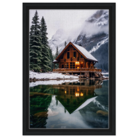 “Whispers of Winter Solitude – Lakeside Cabin in the Pines” | Wall Art Print - Framed Canvas - 30x45 cm / 12x18″ - Black frame