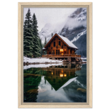 “Whispers of Winter Solitude – Lakeside Cabin in the Pines” | Wall Art Print - Framed Canvas - 30x45 cm / 12x18″ - Wood frame