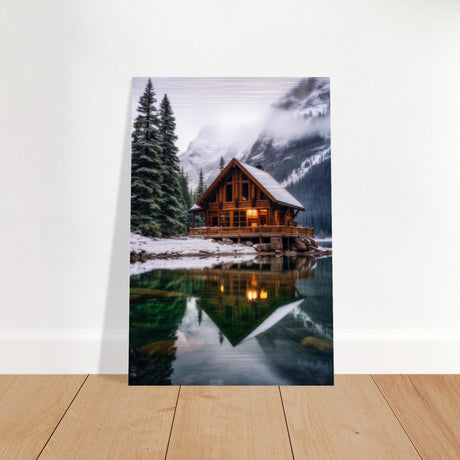 “Whispers of Winter Solitude – Lakeside Cabin in the Pines” | Wall Art Print - Brushed Aluminum Print - 40x60 cm / 16x24″ - 