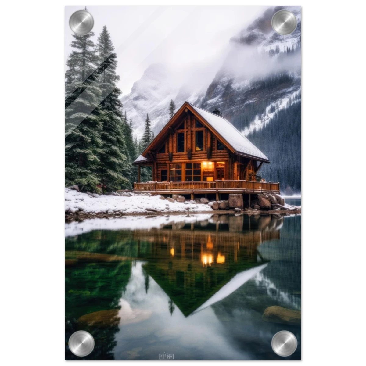 “Whispers of Winter Solitude – Lakeside Cabin in the Pines” | Wall Art Print - Acrylic Print - 20x30 cm / 8x12″ - 