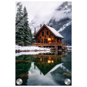 “Whispers of Winter Solitude – Lakeside Cabin in the Pines” | Wall Art Print - Acrylic Print - 20x30 cm / 8x12″ - 