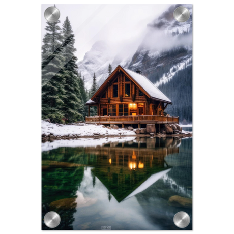 “Whispers of Winter Solitude – Lakeside Cabin in the Pines” | Wall Art Print - Acrylic Print - 20x30 cm / 8x12″ - 