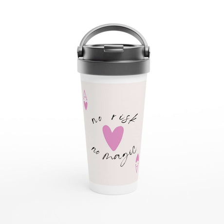 White Stainless Steel Water Bottles & Travel Mugs | No Risk No Magic - White 15oz Stainless Steel Travel Mug - 