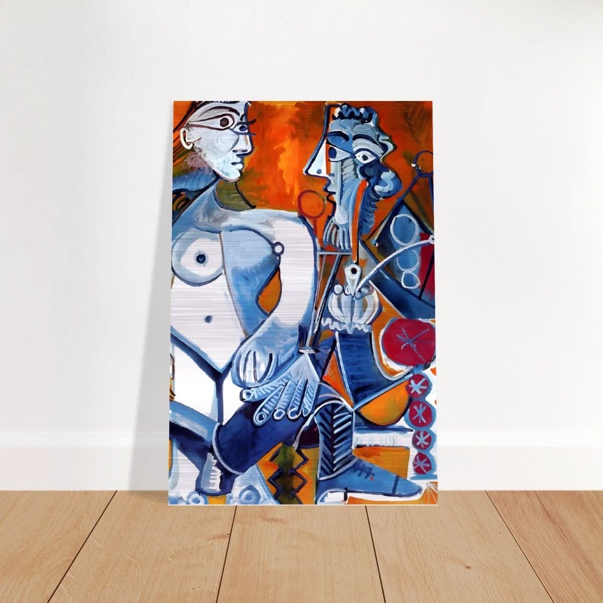 Woman and Man Sitting with Pipe by Pablo Picasso wall art print - Brushed Aluminum Print - 30x45 cm / 12x18″ - 