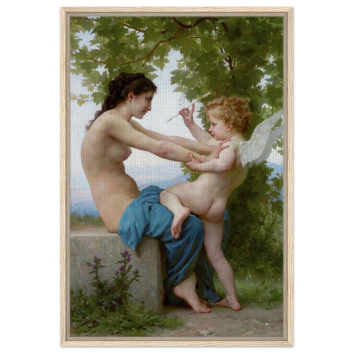 Young Girl Defending Herself against Eros (1825 - 1905) William - Adolphe Bouguereau | Vintage wall art print - Framed Canvas - 60x90 cm / 24x36″ - Wood frame
