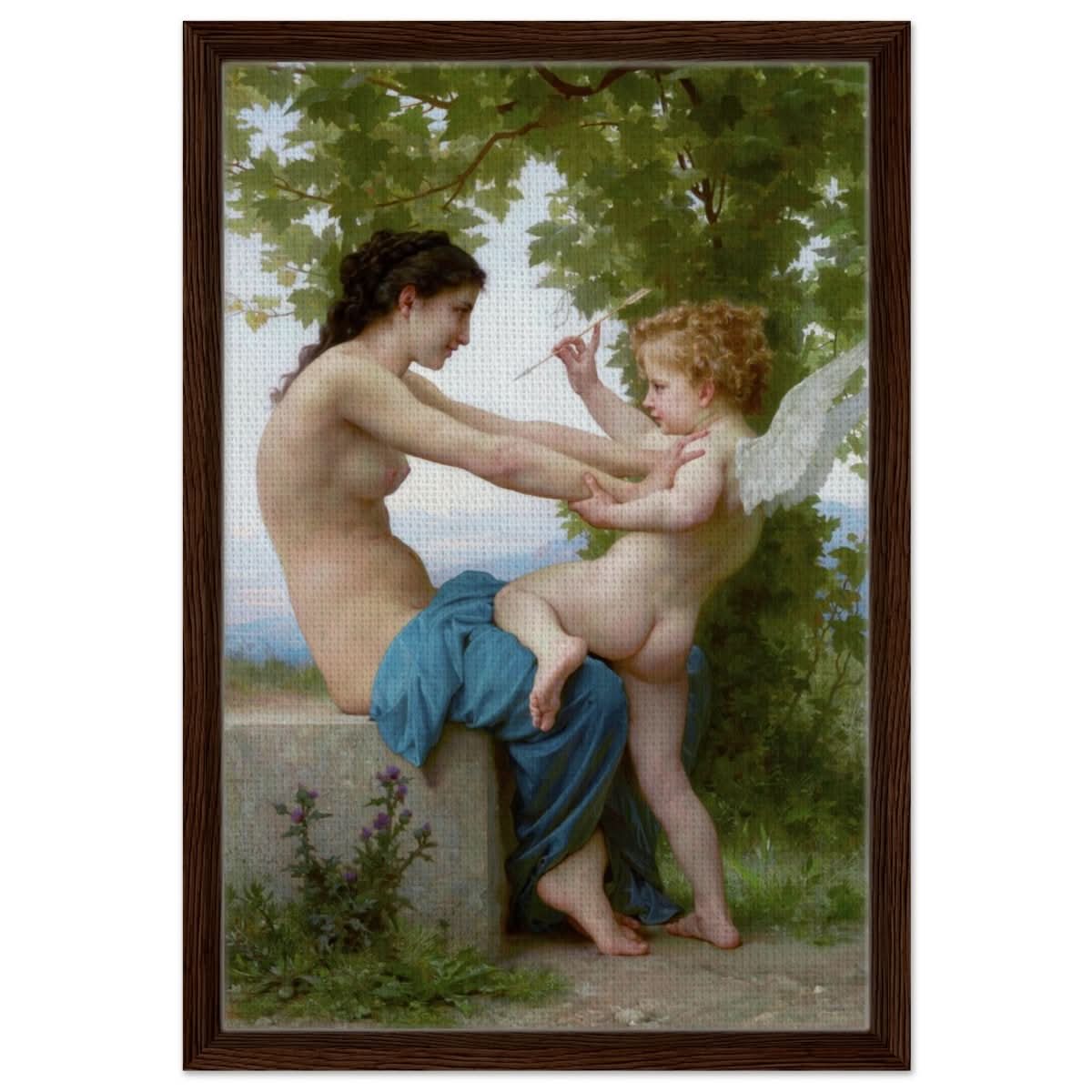Young Girl Defending Herself against Eros (1825 - 1905) William - Adolphe Bouguereau | Vintage wall art print - Framed Canvas - 40x60 cm / 16x24″ - Dark wood frame