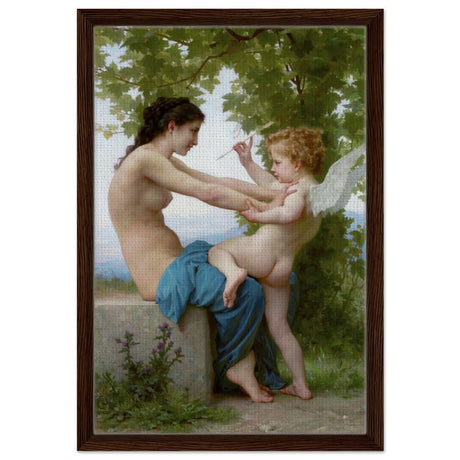 Young Girl Defending Herself against Eros (1825 - 1905) William - Adolphe Bouguereau | Vintage wall art print - Framed Canvas - 40x60 cm / 16x24″ - Dark wood frame