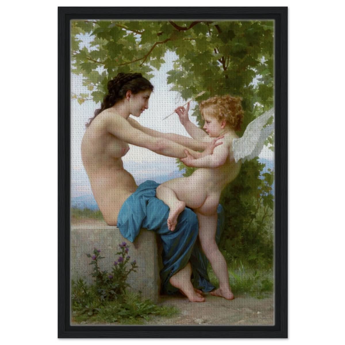 Young Girl Defending Herself against Eros (1825 - 1905) William - Adolphe Bouguereau | Vintage wall art print - Framed Canvas - 40x60 cm / 16x24″ - Black frame