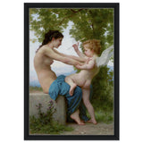 Young Girl Defending Herself against Eros (1825 - 1905) William - Adolphe Bouguereau | Vintage wall art print - Framed Canvas - 40x60 cm / 16x24″ - Black frame