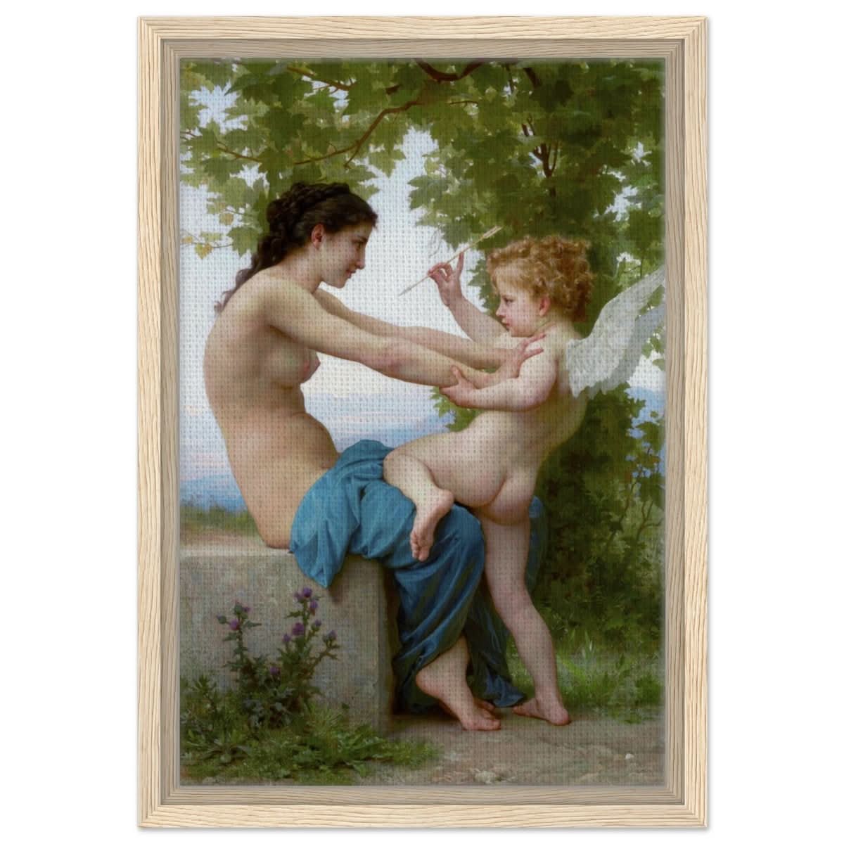 Young Girl Defending Herself against Eros (1825 - 1905) William - Adolphe Bouguereau | Vintage wall art print - Framed Canvas - 30x45 cm / 12x18″ - Wood frame
