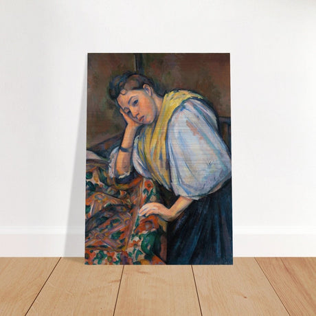 Young Italian Woman at a Table by Paul Cézanne 1895 - Brushed Aluminum Print - 70x100 cm / 28x40″ - 