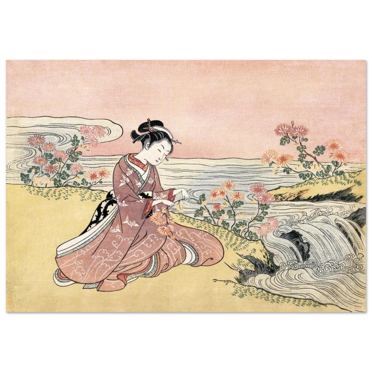 Young Woman Gathering Chrysanthemums by the Stream– Japanese Ukiyo - e Wall Art Print - Fine Art Poster - 70x100 cm / 28x40″ - 