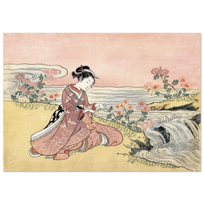 Young Woman Gathering Chrysanthemums by the Stream– Japanese Ukiyo - e Wall Art Print - Fine Art Poster - 70x100 cm / 28x40″ - 