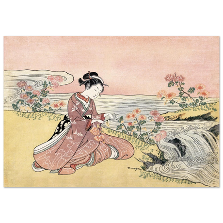 Young Woman Gathering Chrysanthemums by the Stream– Japanese Ukiyo - e Wall Art Print - Fine Art Poster - 70x100 cm / 28x40″ - 