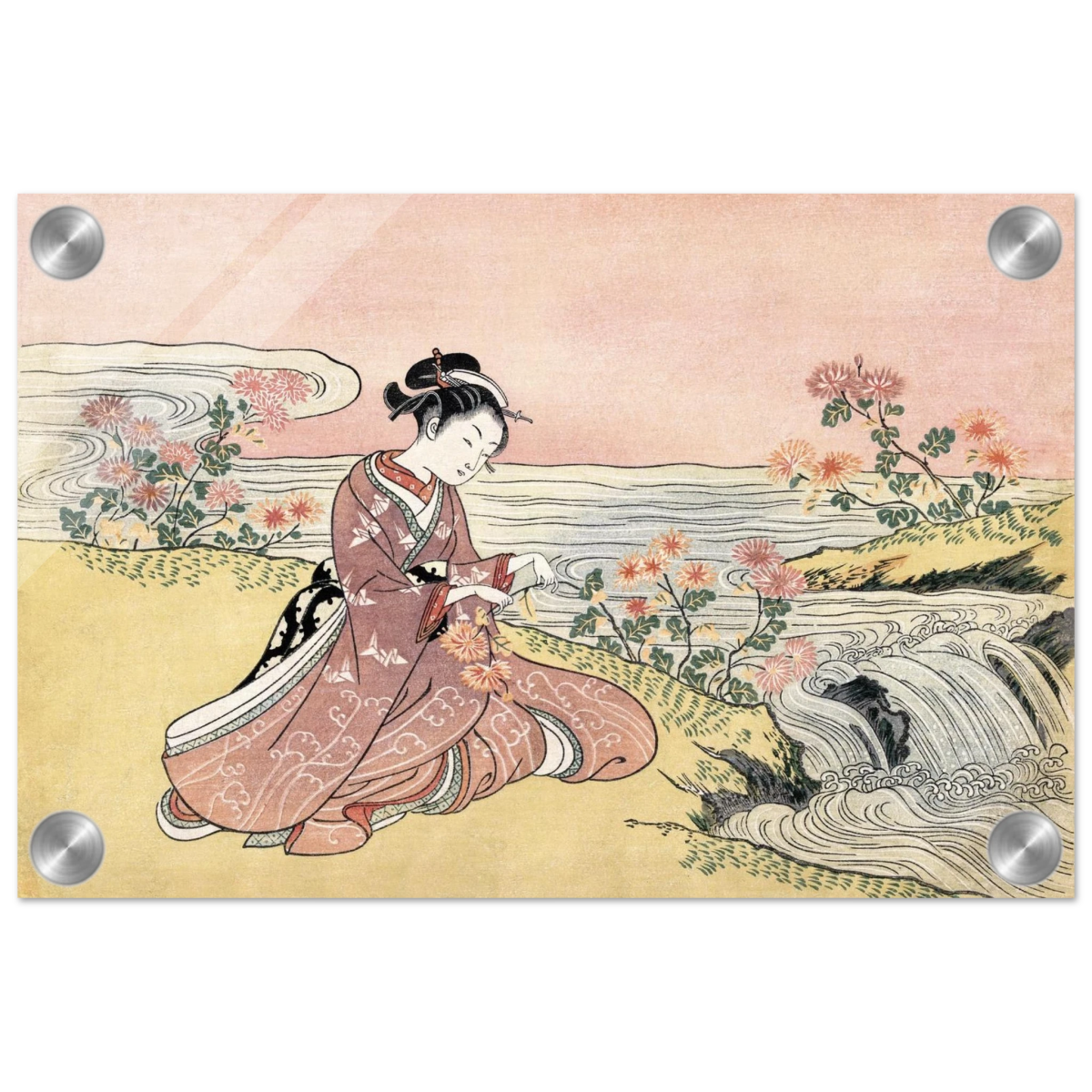 Young Woman Gathering Chrysanthemums by the Stream– Japanese Ukiyo - e Wall Art Print - Acrylic Print - 20x30 cm / 8x12″ - 
