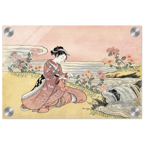 Young Woman Gathering Chrysanthemums by the Stream– Japanese Ukiyo - e Wall Art Print - Acrylic Print - 20x30 cm / 8x12″ - 