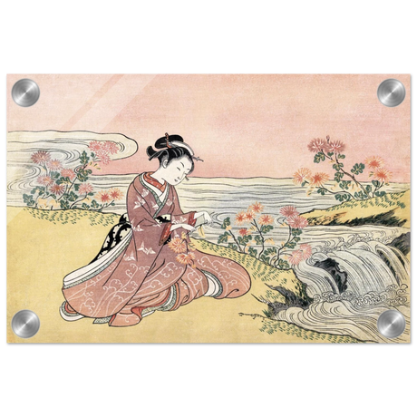 Young Woman Gathering Chrysanthemums by the Stream– Japanese Ukiyo - e Wall Art Print - Acrylic Print - 20x30 cm / 8x12″ - 