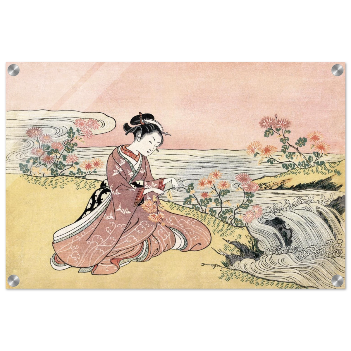 Young Woman Gathering Chrysanthemums by the Stream– Japanese Ukiyo - e Wall Art Print - Acrylic Print - 40x60 cm / 16x24″ - 