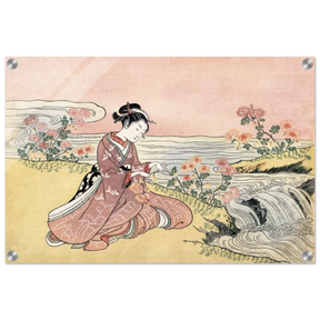 Young Woman Gathering Chrysanthemums by the Stream– Japanese Ukiyo - e Wall Art Print - Acrylic Print - 40x60 cm / 16x24″ - 