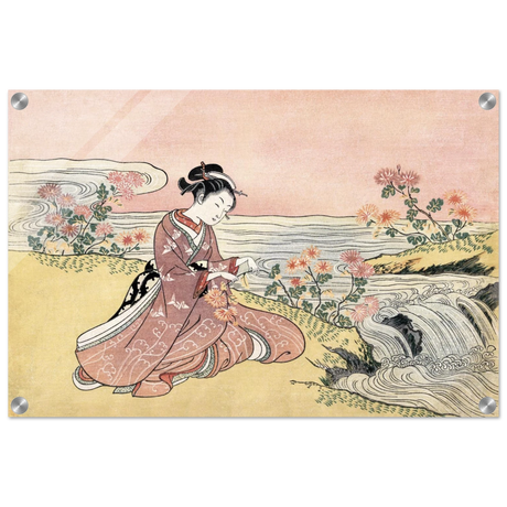 Young Woman Gathering Chrysanthemums by the Stream– Japanese Ukiyo - e Wall Art Print - Acrylic Print - 40x60 cm / 16x24″ - 