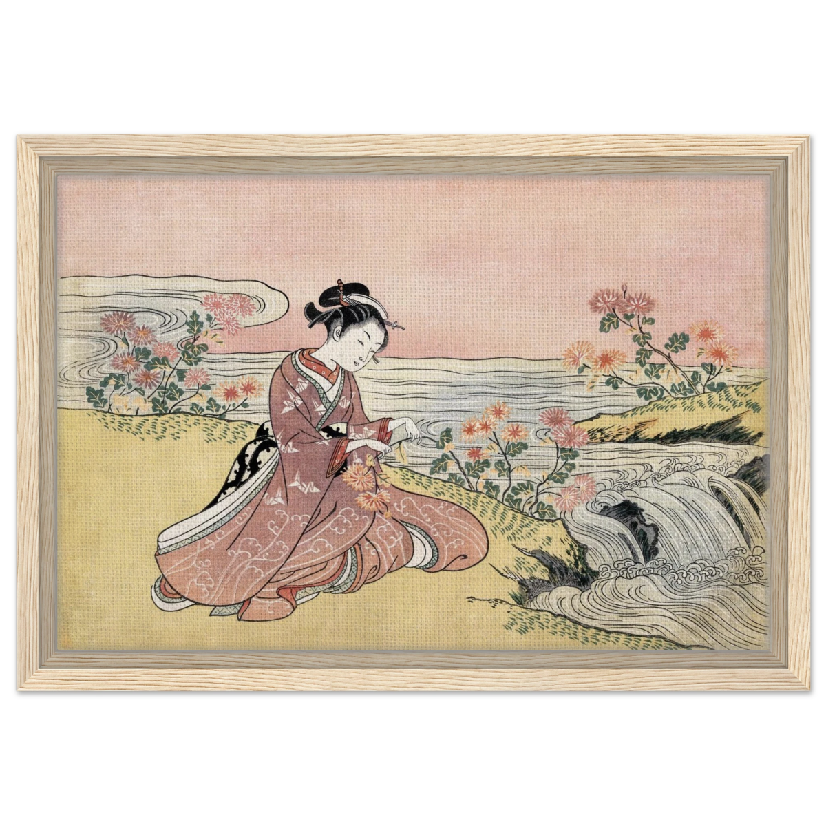 Young Woman Gathering Chrysanthemums by the Stream– Japanese Ukiyo - e Wall Art Print - Framed Canvas - 30x45 cm / 12x18″ - Wood frame
