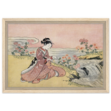 Young Woman Gathering Chrysanthemums by the Stream– Japanese Ukiyo - e Wall Art Print - Framed Canvas - 30x45 cm / 12x18″ - Wood frame