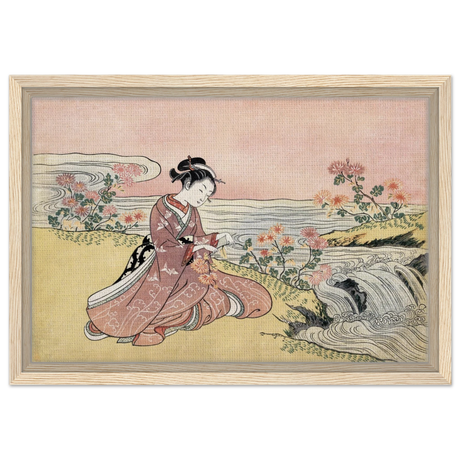 Young Woman Gathering Chrysanthemums by the Stream– Japanese Ukiyo - e Wall Art Print - Framed Canvas - 30x45 cm / 12x18″ - Wood frame