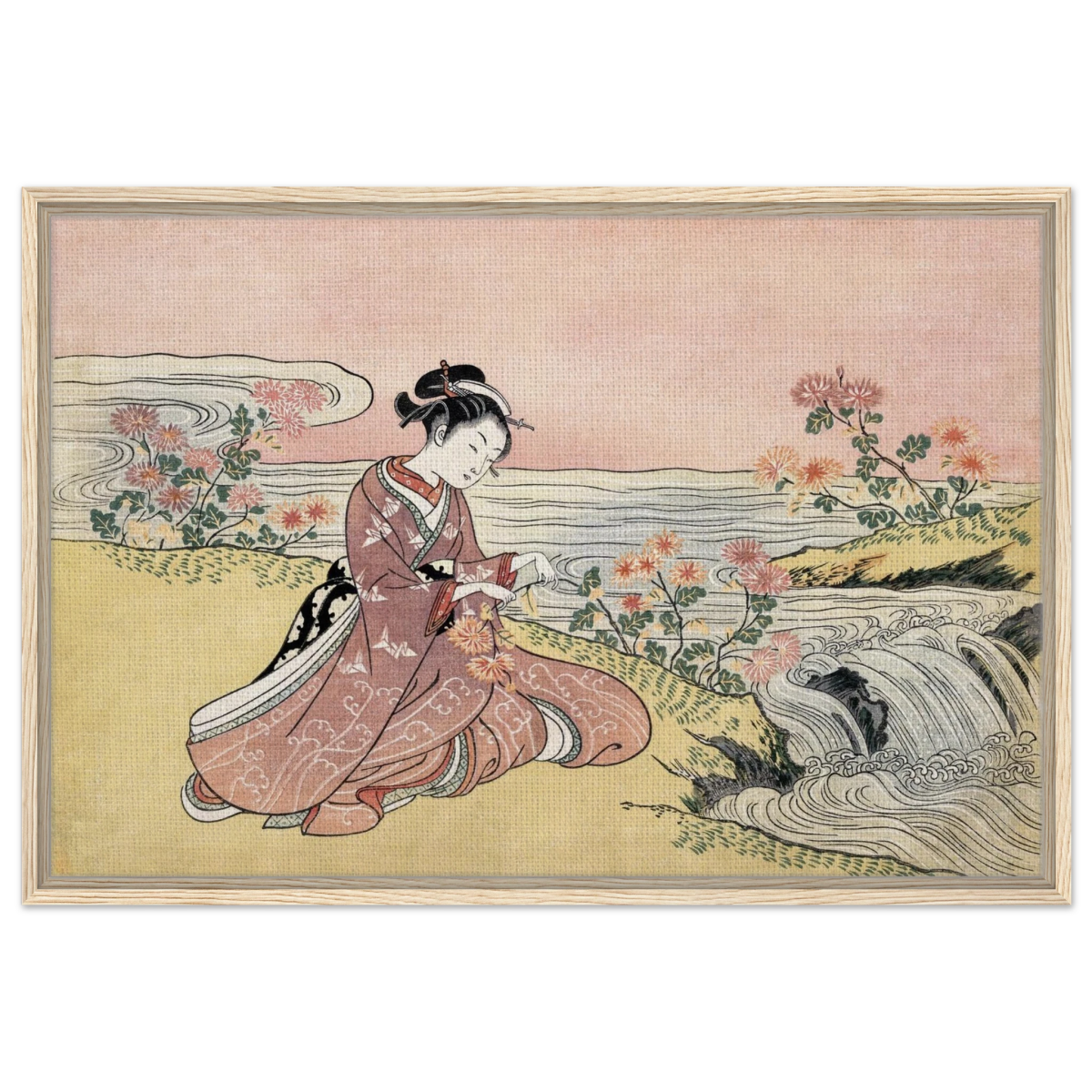 Young Woman Gathering Chrysanthemums by the Stream– Japanese Ukiyo - e Wall Art Print - Framed Canvas - 60x90 cm / 24x36″ - Wood frame