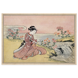 Young Woman Gathering Chrysanthemums by the Stream– Japanese Ukiyo - e Wall Art Print - Framed Canvas - 60x90 cm / 24x36″ - Wood frame