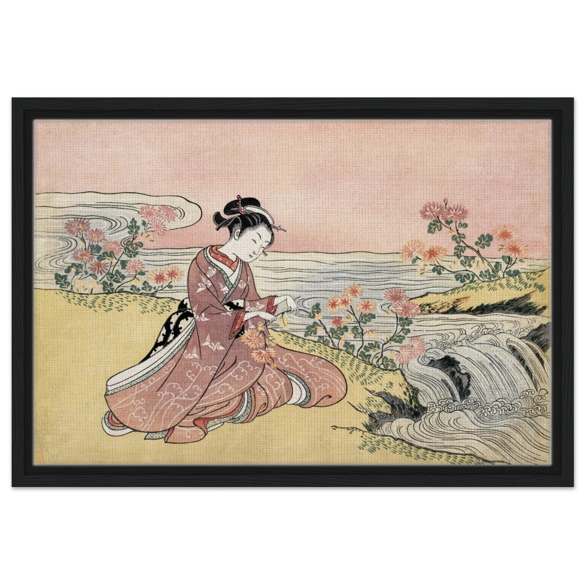 Young Woman Gathering Chrysanthemums by the Stream– Japanese Ukiyo - e Wall Art Print - Framed Canvas - 40x60 cm / 16x24″ - Black frame