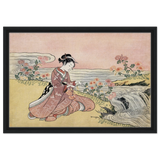 Young Woman Gathering Chrysanthemums by the Stream– Japanese Ukiyo - e Wall Art Print - Framed Canvas - 40x60 cm / 16x24″ - Black frame