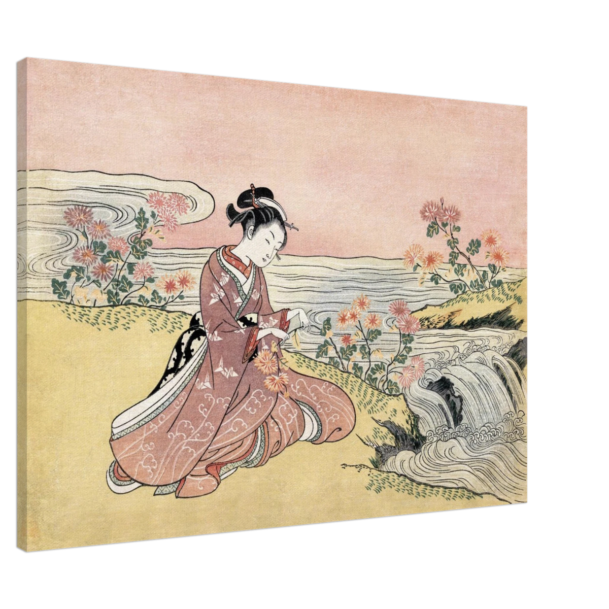 Young Woman Gathering Chrysanthemums by the Stream– Japanese Ukiyo - e Wall Art Print - Canvas - 70x100 cm / 28x40″ - 
