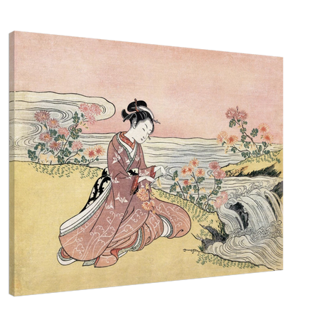 Young Woman Gathering Chrysanthemums by the Stream– Japanese Ukiyo - e Wall Art Print - Canvas - 70x100 cm / 28x40″ - 