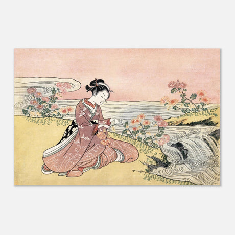 Young Woman Gathering Chrysanthemums by the Stream– Japanese Ukiyo - e Wall Art Print - Aluminum Print - 20x30 cm / 8x12″ - 