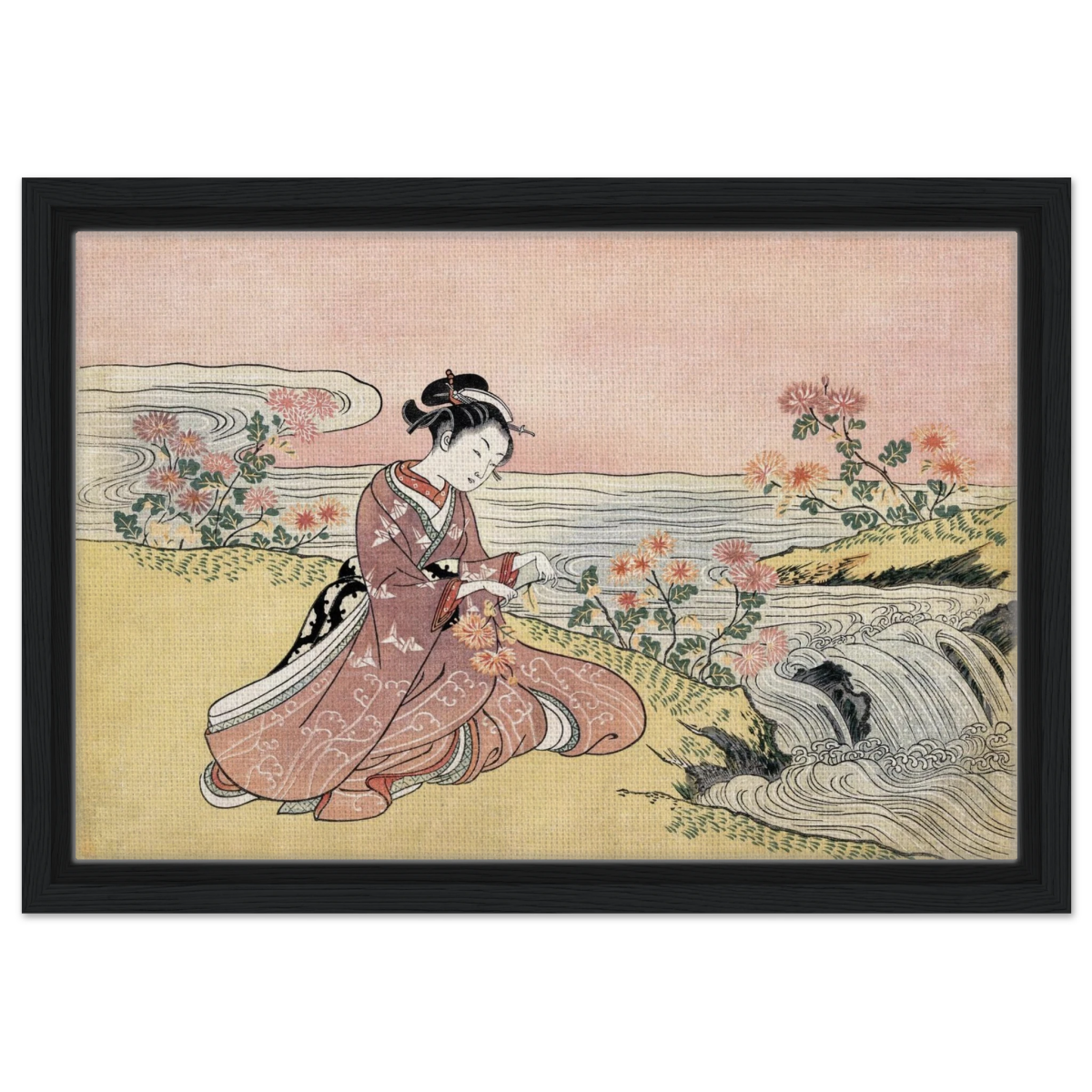 Young Woman Gathering Chrysanthemums by the Stream– Japanese Ukiyo - e Wall Art Print - Framed Canvas - 30x45 cm / 12x18″ - Black frame