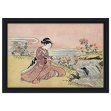 Young Woman Gathering Chrysanthemums by the Stream– Japanese Ukiyo - e Wall Art Print - Framed Canvas - 30x45 cm / 12x18″ - Black frame