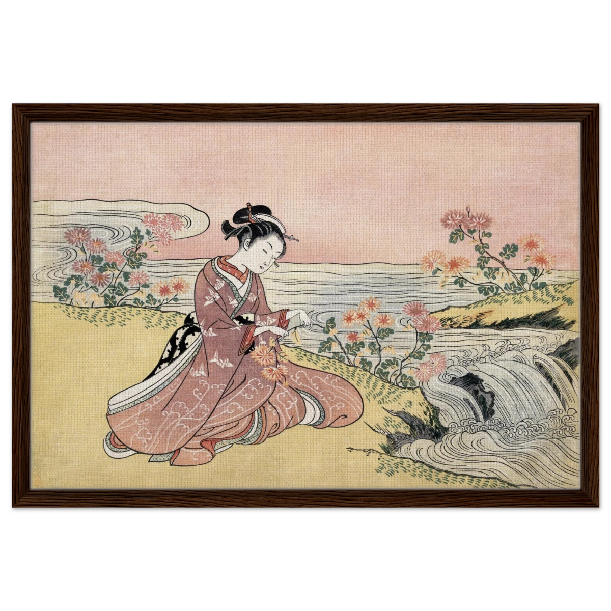 Young Woman Gathering Chrysanthemums by the Stream– Japanese Ukiyo - e Wall Art Print - Framed Canvas - 50x75 cm / 20x30″ - Dark wood frame