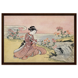 Young Woman Gathering Chrysanthemums by the Stream– Japanese Ukiyo - e Wall Art Print - Framed Canvas - 50x75 cm / 20x30″ - Dark wood frame