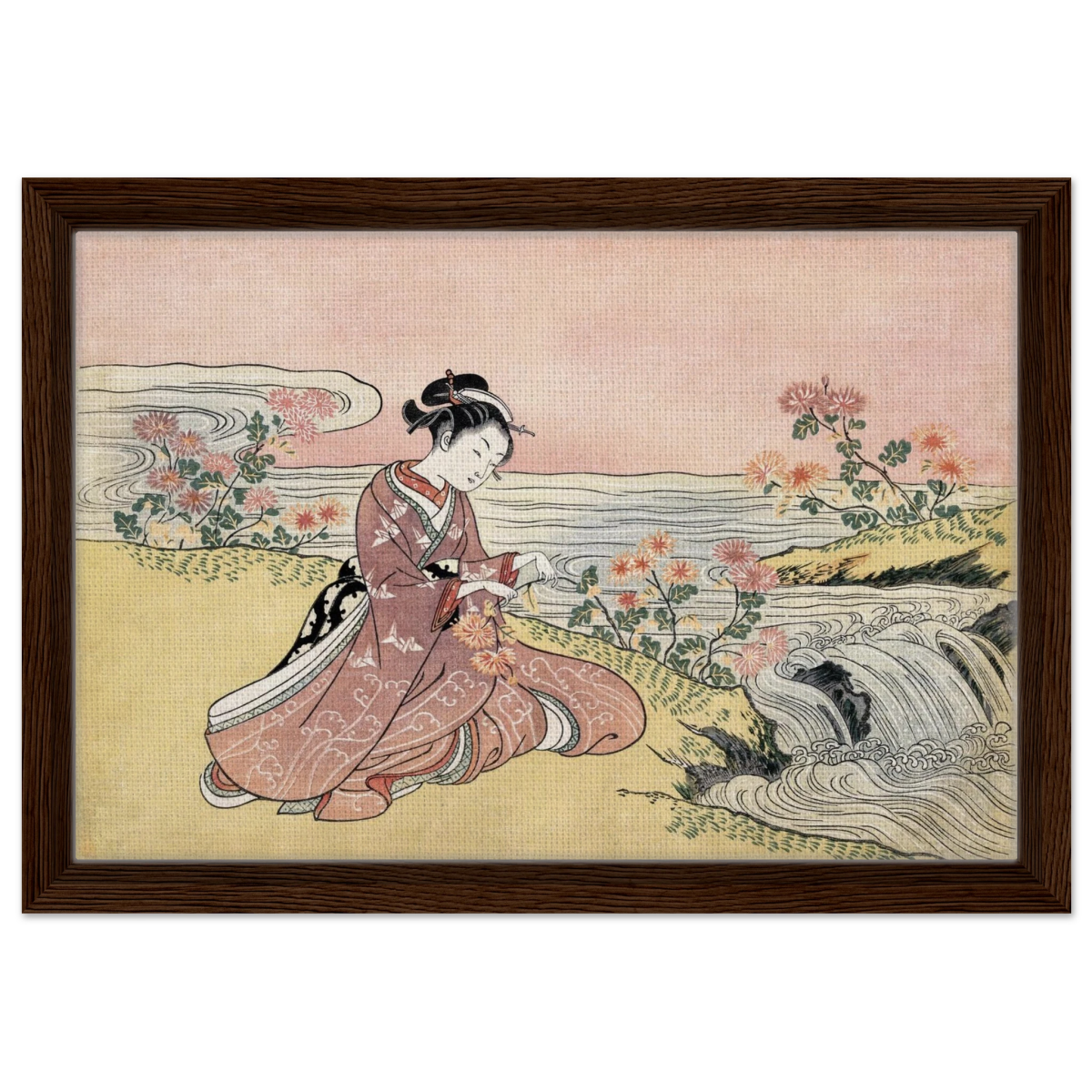 Young Woman Gathering Chrysanthemums by the Stream– Japanese Ukiyo - e Wall Art Print - Framed Canvas - 30x45 cm / 12x18″ - Dark wood frame