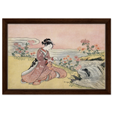 Young Woman Gathering Chrysanthemums by the Stream– Japanese Ukiyo - e Wall Art Print - Framed Canvas - 30x45 cm / 12x18″ - Dark wood frame