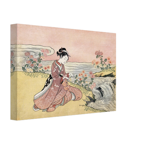 Young Woman Gathering Chrysanthemums by the Stream– Japanese Ukiyo - e Wall Art Print - Canvas - 20x30 cm / 8x12″ - 