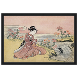 Young Woman Gathering Chrysanthemums by the Stream– Japanese Ukiyo - e Wall Art Print - Framed Canvas - 50x75 cm / 20x30″ - Black frame