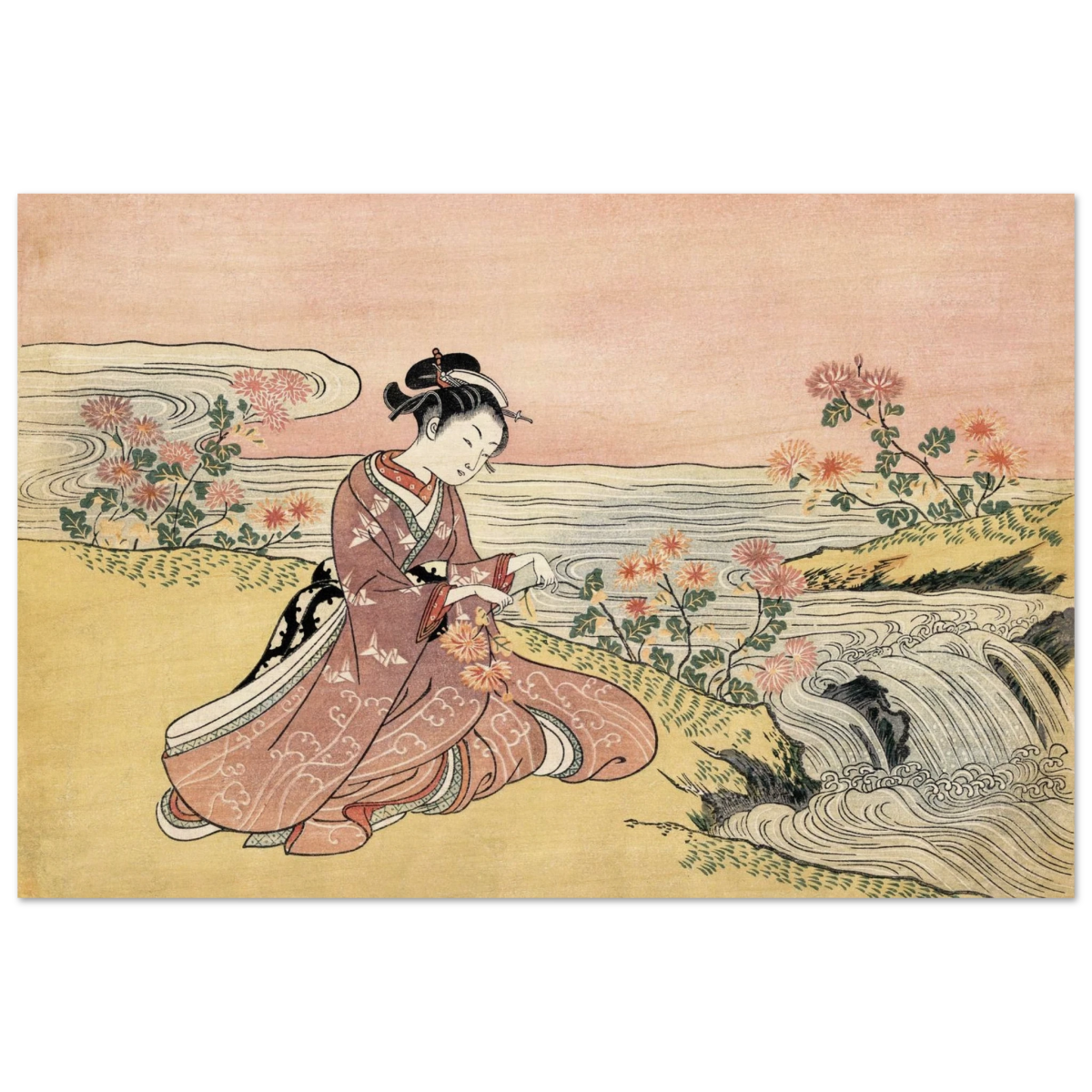 Young Woman Gathering Chrysanthemums by the Stream– Japanese Ukiyo - e Wall Art Print - Wood Prints - 40x60 cm / 16x24″ - 