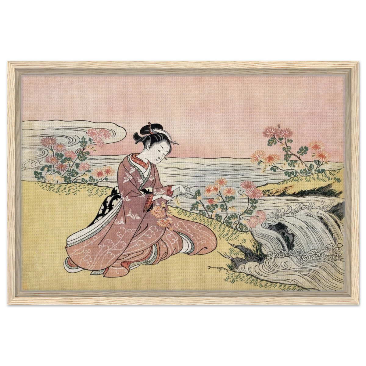 Young Woman Gathering Chrysanthemums by the Stream– Japanese Ukiyo - e Wall Art Print - Framed Canvas - 40x60 cm / 16x24″ - Wood frame