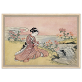 Young Woman Gathering Chrysanthemums by the Stream– Japanese Ukiyo - e Wall Art Print - Framed Canvas - 40x60 cm / 16x24″ - Wood frame
